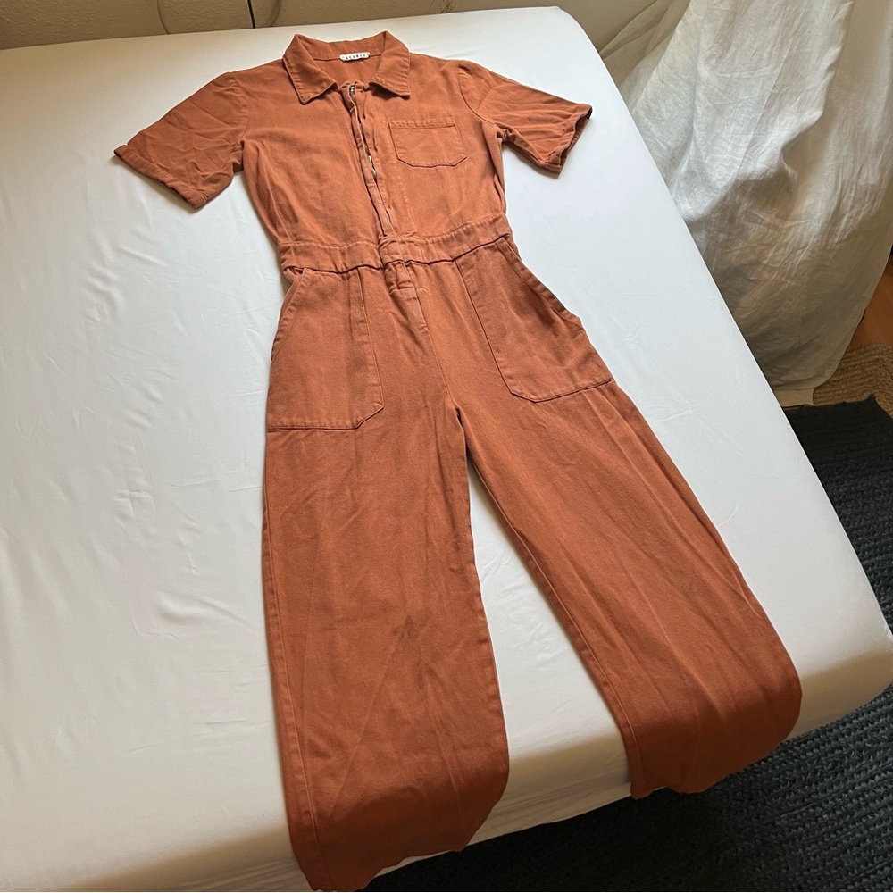 LACAUSA rust orange cotton zip up short sleeve utility cropped jumpsuit
